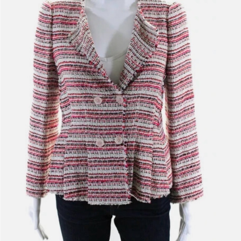 Rebecca Taylor Red and Pink Textured Knit Flare Striped Blazer Size 0 - Picture 5 of 7